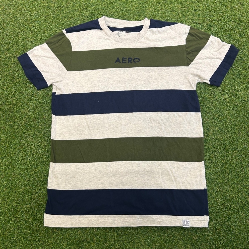 Aeropostale Mens Striped T-Shirt Navy Green Gray Crew Neck Aero Logo Size M